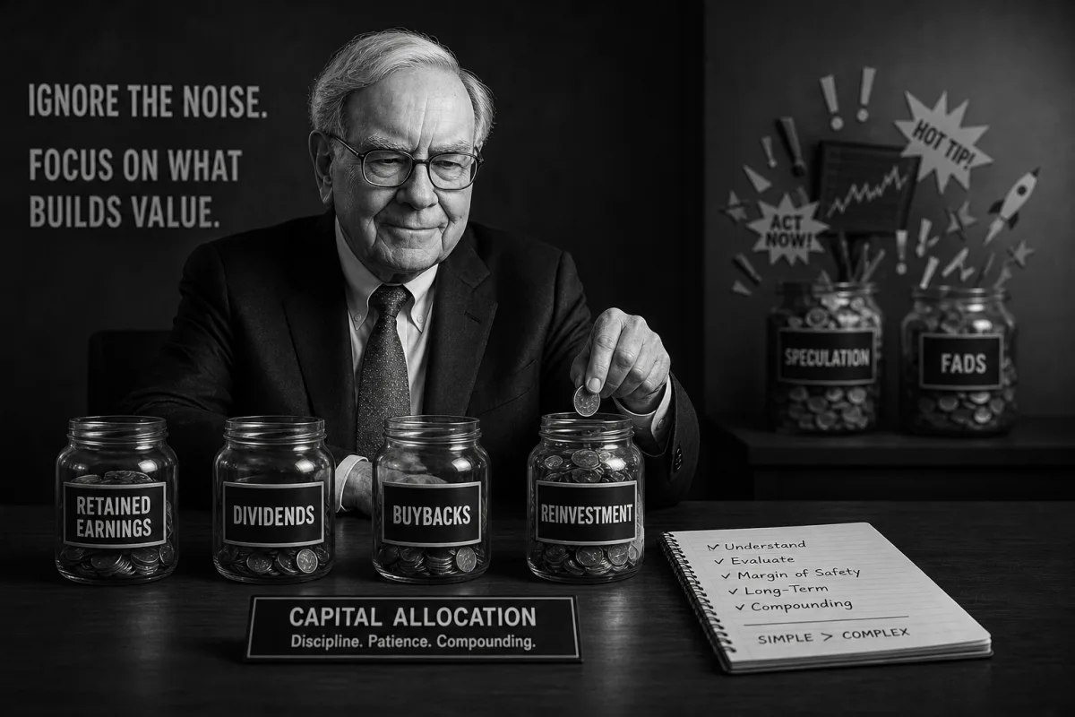 A minimalist cover on a near-black canvas: a single luminous dollar sign at the top from which five thin lines fan downward to five small nodes — operating earnings, bolt-on acquisitions, investee growth, share buybacks, and a large acquisition — illustrating Buffett's five paths for every retained dollar. The title 'Buffett on capital allocation' sits in white sentence-case type to the left.