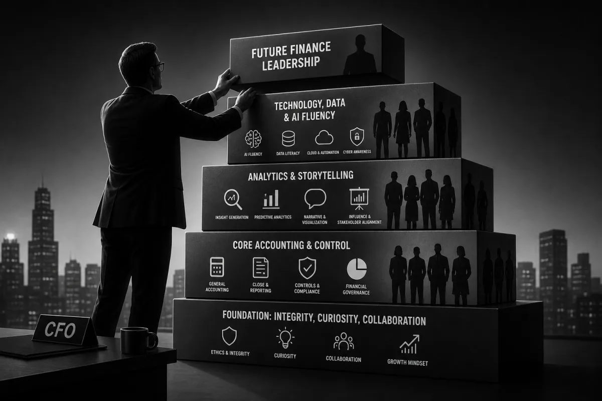 Black-and-white editorial illustration: a silhouetted man in a suit, seen from behind, places the top block onto a five-tier pyramid of capability layers in front of a night-time city skyline. From top to bottom the tiers read Future finance leadership, Technology data and AI fluency, Analytics and storytelling, Core accounting and control, and Foundation of integrity, curiosity and collaboration, each with small icons and rows of silhouetted team members. A CFO nameplate and coffee mug sit on a desk in the lower-left foreground.
